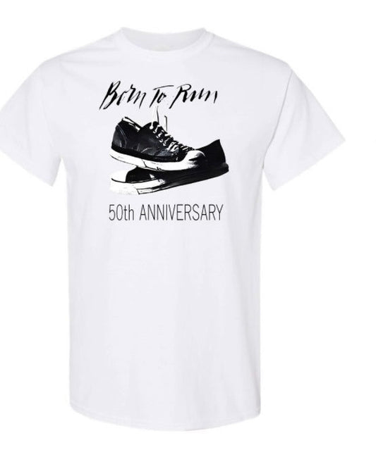 White t-shirt with black sneakers and text on a white background