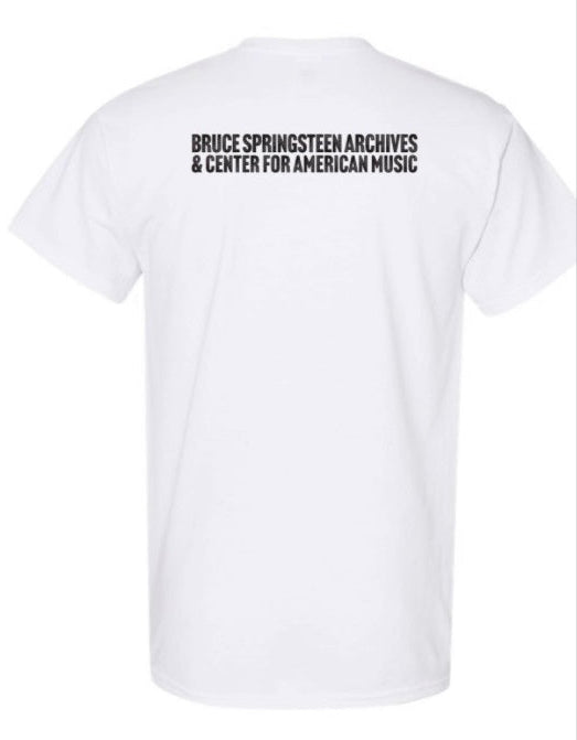 White t-shirt with black text on a white background