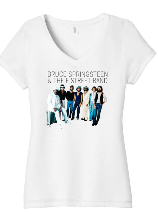 Ladies "Born to Run" Limited Edition White V-Neck T-Shirt Featuring The E Street Band
